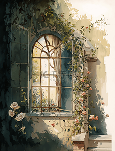 浪漫卡通花卉花园窗户田园生活油画装饰画背景