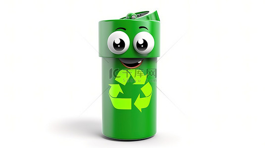 白色背景上带有回收标志和可充电电池的绿色垃圾桶的 3D 渲染人物吉祥物