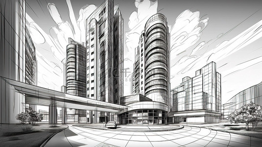 令人惊叹的城市景观手绘草图三维渲染中的当代建筑