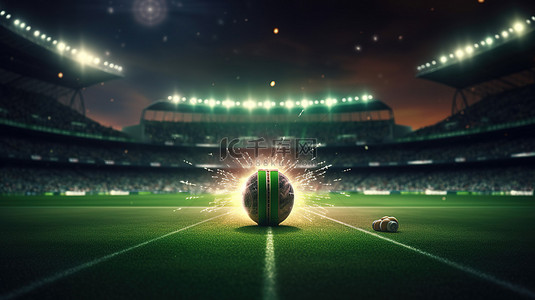 足球盘带背景图片_带照明球和闪光灯 3D 渲染的照明板球场