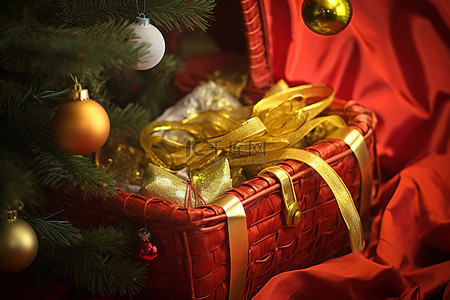 圣诞篮子背景图片_一袋礼物和圣诞篮子里的礼物
