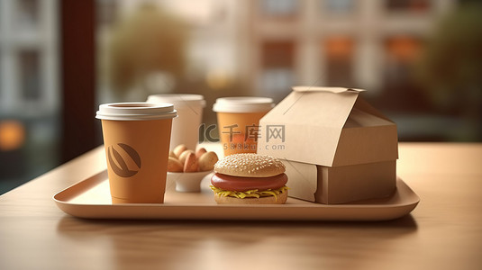 外卖零食背景图片_夫妇携带外卖咖啡和汉堡盒的 3D 渲染