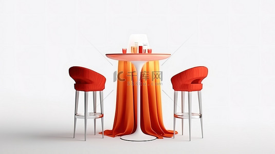 时尚的白色桌布套装，配有现代红色和橙色吧凳和配套的桌子 3D 渲染