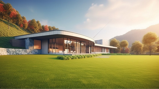令人惊叹的 3D 渲染当代豪宅，拥有广阔的草坪和雄伟的山景
