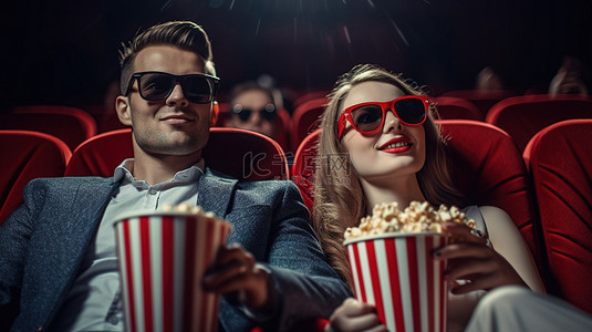 情侣爆米花背景图片_电影之夜约会大笑夫妇戴着 3D 眼镜，嚼着爆米花