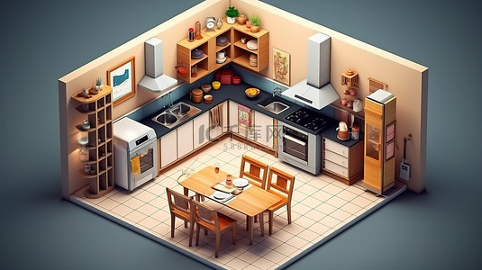带橱柜炉灶和厨具的等距厨房设计室内用餐空间的 3d 插图