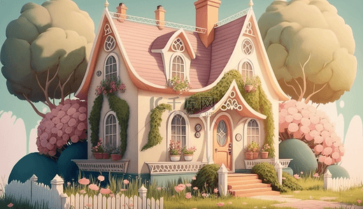 粉色楼房装饰插画卡通房子建筑背景