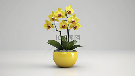 黄色兰花背景图片_种植在白盆中的黄色兰花 3d 渲染图像