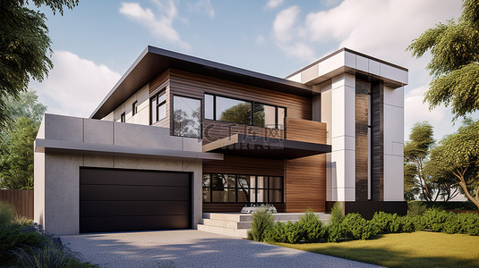 带车库的现代住宅可在 3D 模式下购买