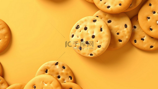 饼干的宏观照片，周围环绕着 3D 所示的充满活力的黄色背景