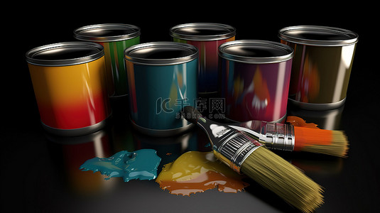 油漆罐和刷子的 3d 可视化表示