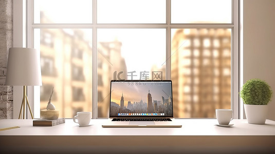 电脑显示屏背景图片_带有 Windows 家庭办公室 3D 渲染的时尚工作站上的现代笔记本电脑显示屏