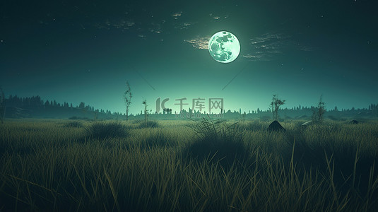 星空绿背景图片_超现实的夜间景观，以 3D 渲染中的满月闪闪发光的星星和甘美的绿草为特色
