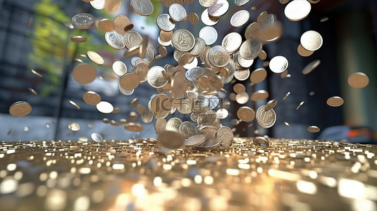 掉落的钞票和硬币的金钱淋浴 3D 渲染