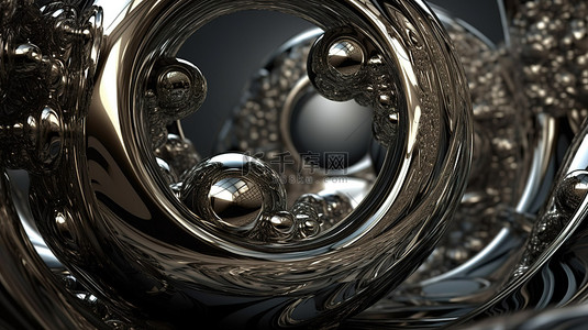 抽象 3D 渲染中金属螺旋和金属球的框架