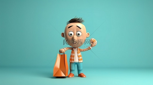 手拿包背景图片_手拿包的灵活卡通人物的 3D 渲染