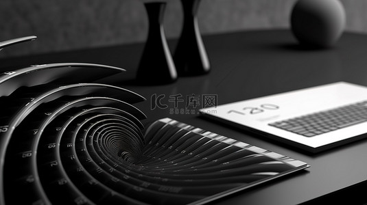 黑色皮革办公椅的特写 3D 渲染，桌上有空白螺旋日历和笔记本电脑