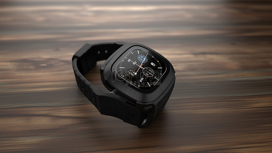 带手表背景图片_木桌上带表带的时尚黑色智能手表 3D 渲染