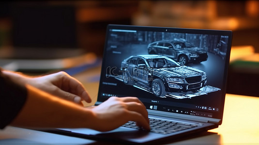 金属汽车零件背景图片_技术人员的手使用 3D 扫描仪扫描旧笔记本电脑屏幕上显示的汽车零件