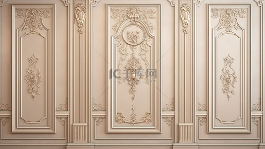 米色墙板与古典镀金的 3D 渲染