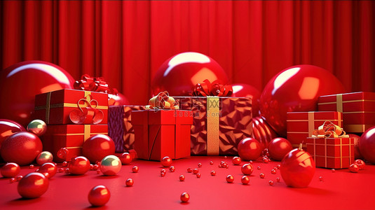节日 3D 渲染新年玩具在充满活力的红色背景上祝你圣诞快乐