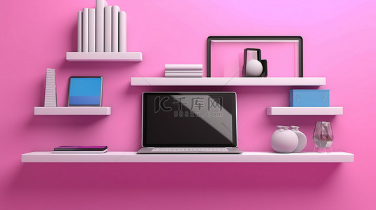 3D 插图中粉红色墙架笔记本电脑手机和平板电脑上显示的数字设备