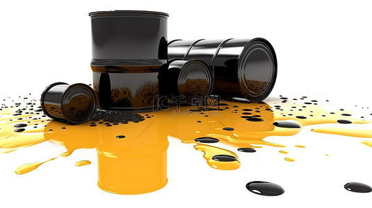 积极乐观背景图片_白色背景 3D 插图上带有抽油泵的桶中溢出的石油，具有充足的复制空间