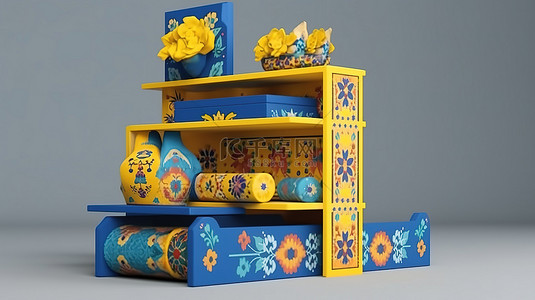 3D 渲染产品展示架，采用乌克兰蓝色和黄色配色方案