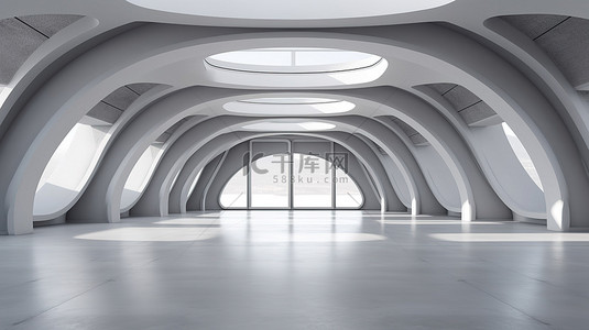 内部通道背景图片_现代建筑内部的抽象 3D 渲染，具有混凝土几何未来派设计和光滑的地板