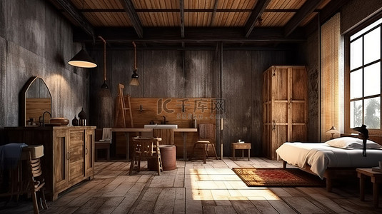 乡村木屋背景图片_3d 插图中的室内设计样机乡村风格餐厅