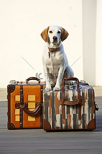 拉布拉多白色背景图片_前面有橙色手提箱的白色和棕色棕色狗