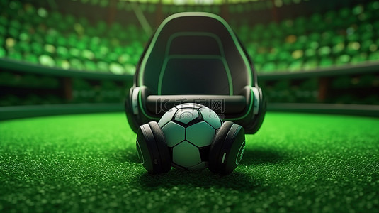 小学体育锻炼背景图片_足球场中心放置的绿色椅子的 3D 渲染图像，上面放着足球和耳机