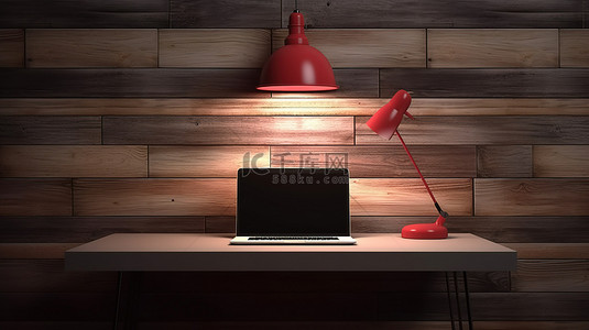 红灯背景图片_办公桌上 3d 笔记本电脑中的工作区模型，红灯靠在木板墙上