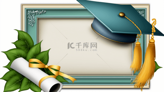 金证书边框背景图片_毕业帽子证书绿色边框背景