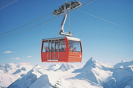 冬天的滑雪背景图片_白雪覆盖的山峰上的红色滑雪缆车