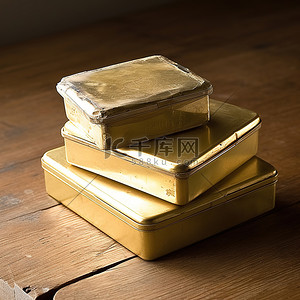 便当盒背景图片_在一张木桌上的三重金锡盒