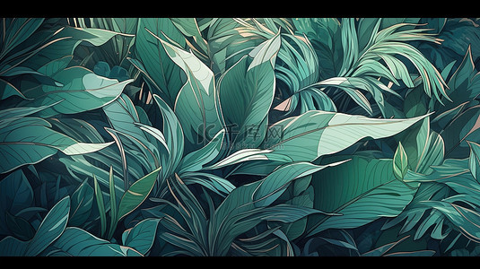 春夏森林背景图片_郁郁葱葱的背景上热带树叶的自然 3D 插图