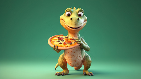 欢快的 3d 恐龙微笑着拿着披萨