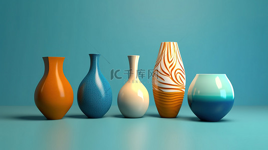空的花瓶背景图片_各种形状的当代陶瓷花瓶的 3D 插图