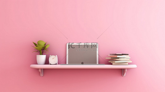 科技平板电脑背景图片_水平横幅，粉红色墙架上有数字平板电脑的 3D 插图