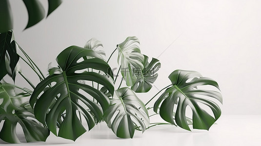 春绿叶背景图片_龟背竹植物在 3d 渲染中被隔离在白色背景上