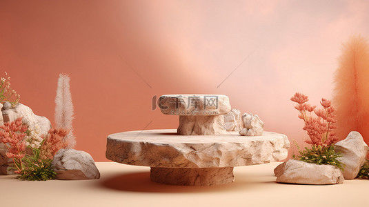 土色岩石基座，用于产品演示放松和健康美丽自然的 3D 插图