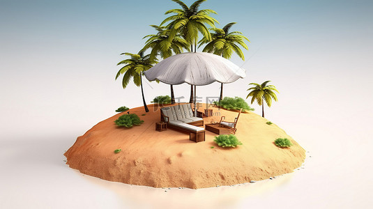孤岛绿洲，一个 3D 渲染的天堂，有棕榈树沙滩椅和水晶般清澈的海水