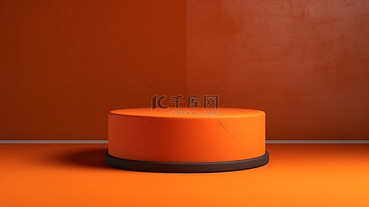橙色样机背景图片_天然混凝土背景的木缸讲台上简约的 3D 霓虹橙色产品展示