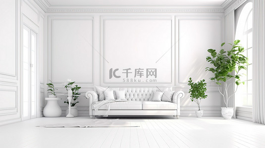 旅馆房间背景图片_带家具的白色室内房间的 3d 插图