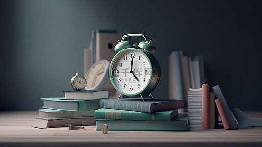 极简主义插图 3d 渲染时钟和书籍