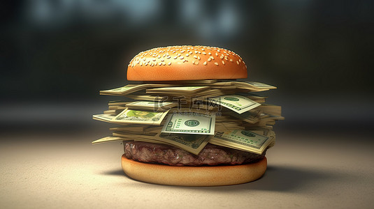 外婆菜午餐肉背景图片_围绕多汁汉堡的 3D 渲染的欧元钞票