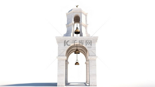 欧洲教堂建筑背景图片_带有拱门和吊钟的钟楼的白色背景 3D 渲染