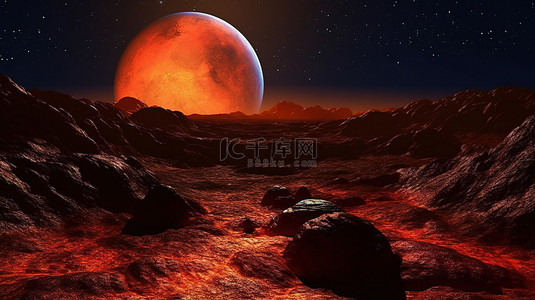 超凡脱俗的地形生动的橙红色岩石在发光的球体 3D 渲染照亮的辐射夜空下