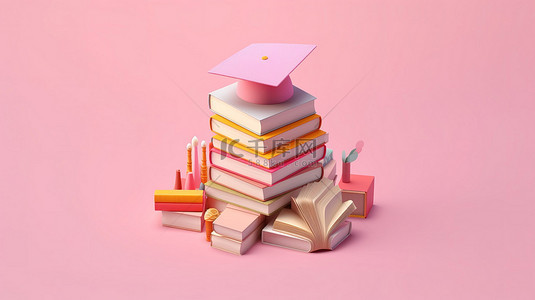 回到学校现代平面设计等距教育概念，带帽子和粉红色背景的书籍